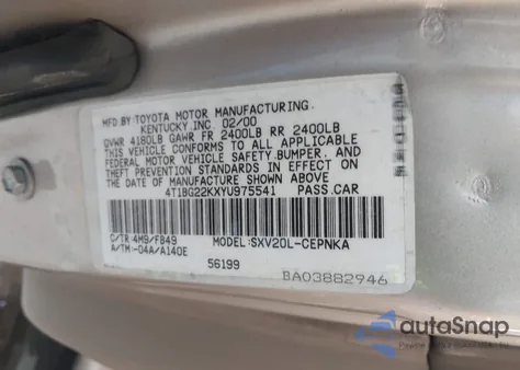 2000 Toyota Camry Le z USA, uszkodzony, nr VIN 4T1BG22KXYU975541